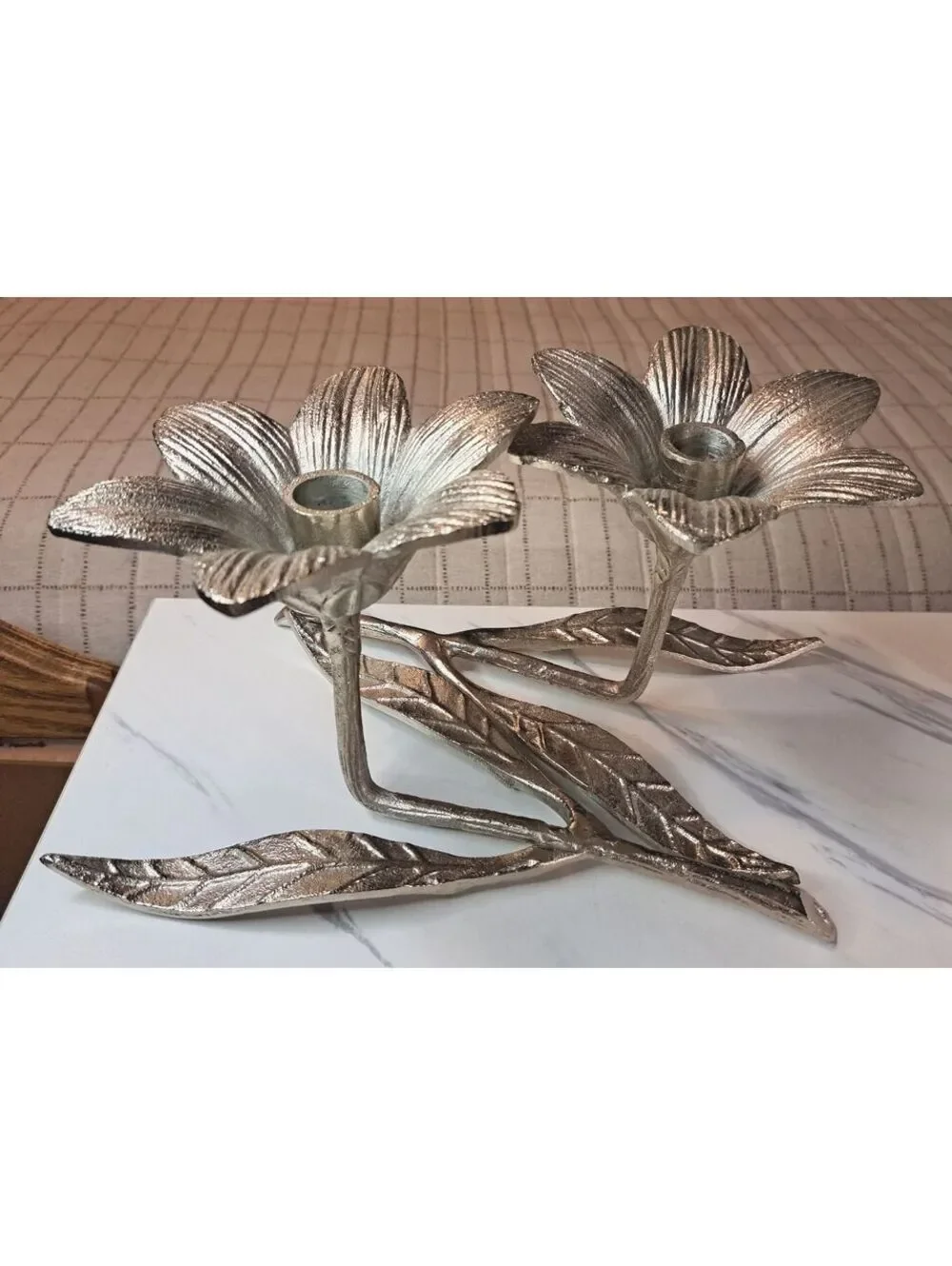 Vintage Set of 2 Mid-century Lotus/Lily Flower White Brass Candle Holders